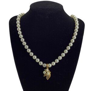Vtg ROMAN Faux Pearl Necklace Enhancer Clear Rhinestone Pendant Signed 18"